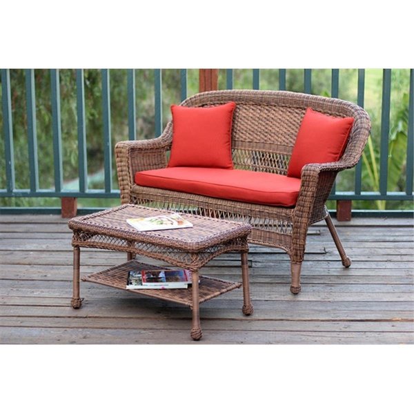 Propation Honey Wicker Patio Love Seat And Coffee Table Set With Red Orange Cushion PR2593347